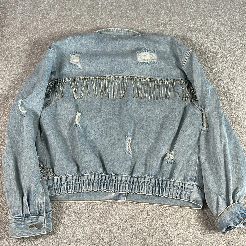 Distressed, rhinestone, fringe, jean jacket,‎ grunge, punk band rock
